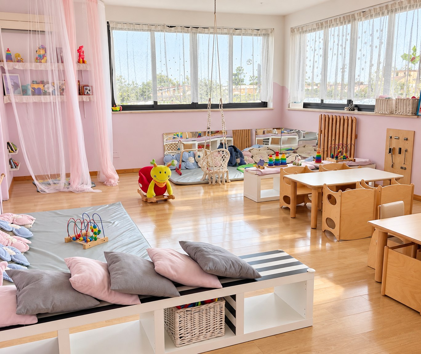Il salone luminoso delle Coccole, con tavolini e angoli a misura di bambino